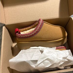 Brown Suede Slip-On Shoes with Red Trim